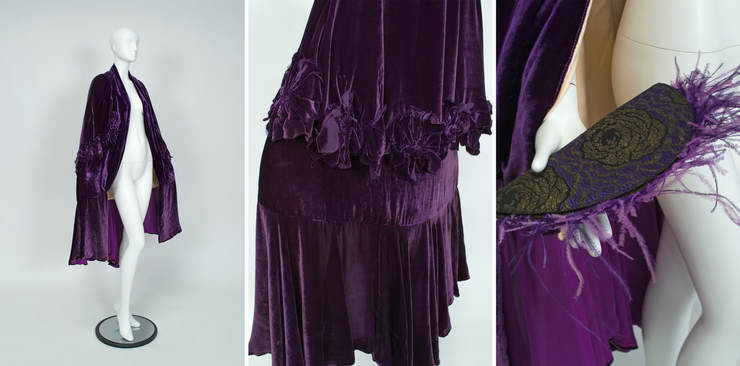 Silk velvet opera cape and brocade clutch, 1921-1925