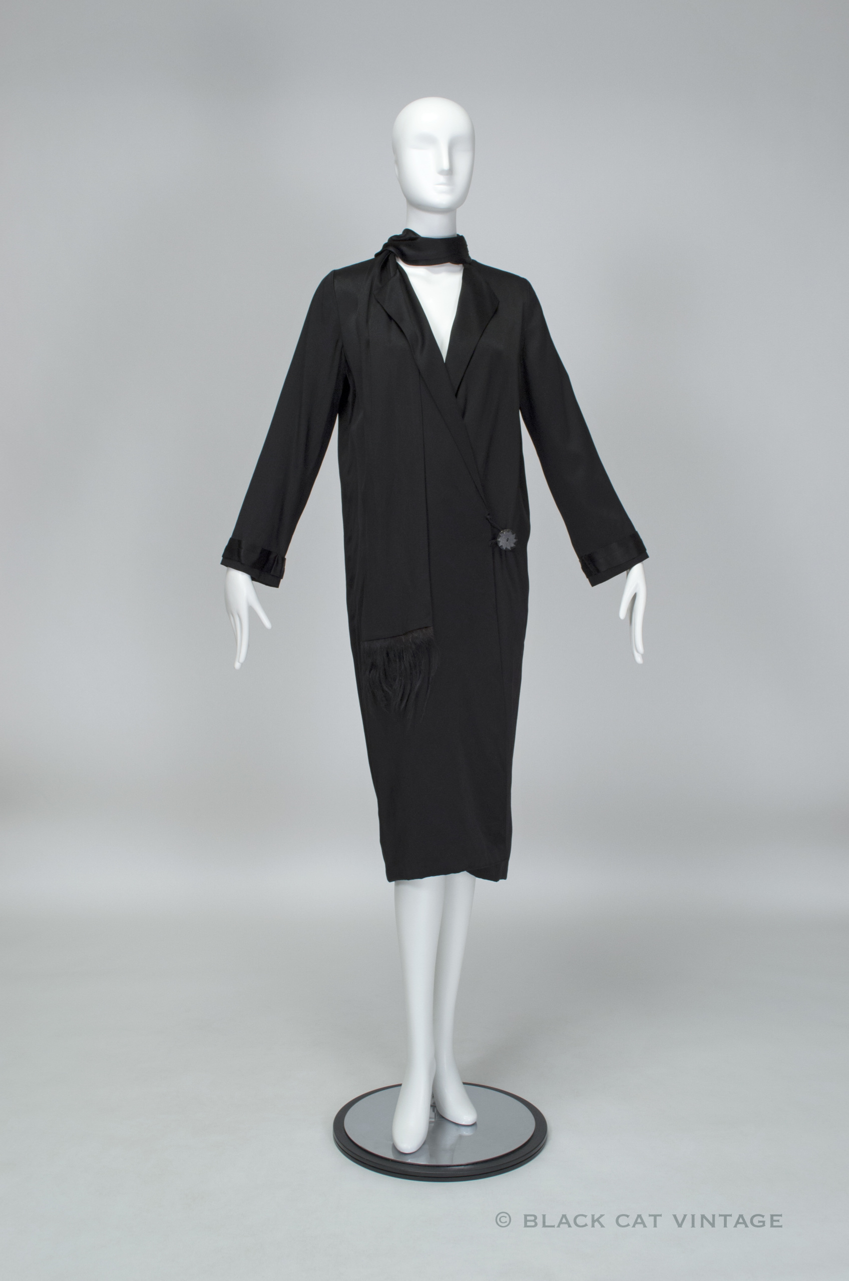 vintage 1920s black satin + monkey fur cocoon coat, size extra small