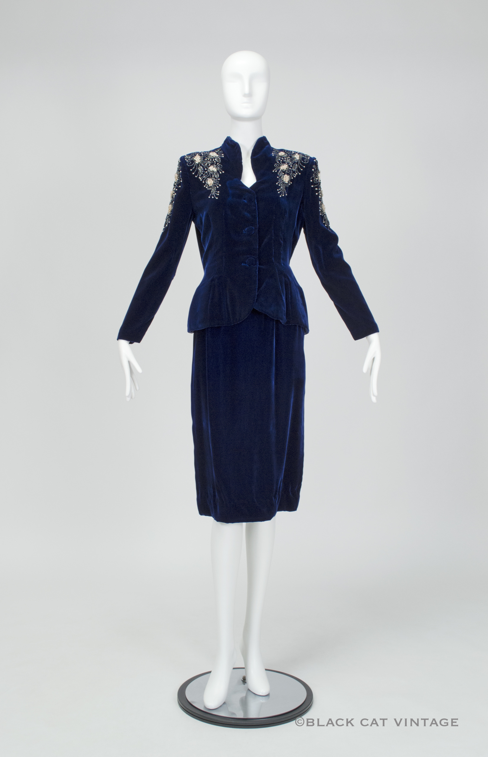 vintage 1940s Schiaparelli-inspired sapphire velvet peplum suit, size small